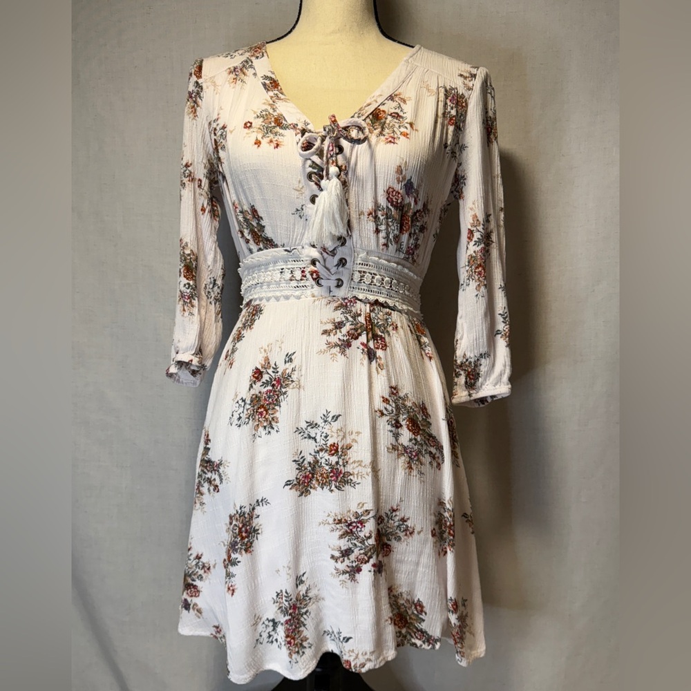 American Rag Floral Lace-Up Cream Dress, Size XXS